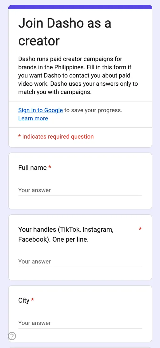 The Join Dasho as a creator short form, with empty fields for full name, handles and city