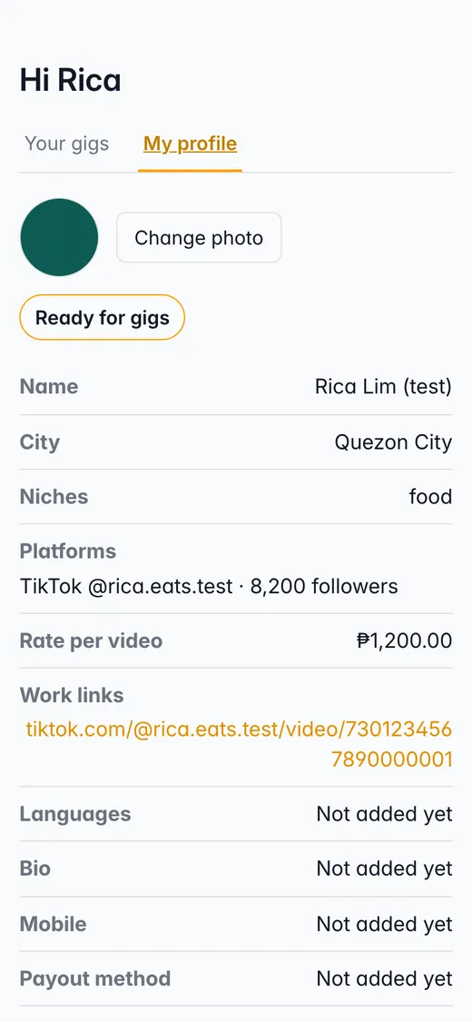 Creator profile screen with the Ready for gigs label, city, niche, platform and rate per video