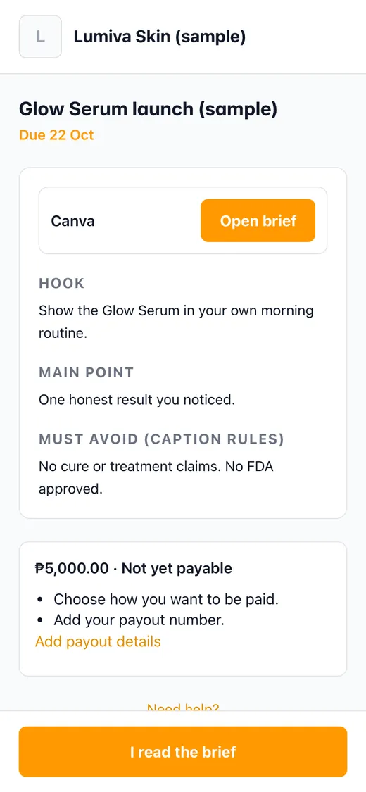 Brief screen with an Open brief button for Canva, due date 22 October, caption rules and a 5,000 peso fee