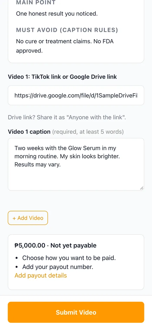 Submit screen with a Google Drive link, a caption and a Submit Video button
