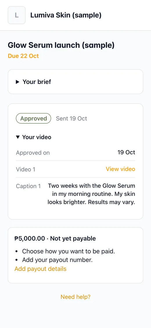Brief screen with an Approved label, the approval date, the video link and the caption